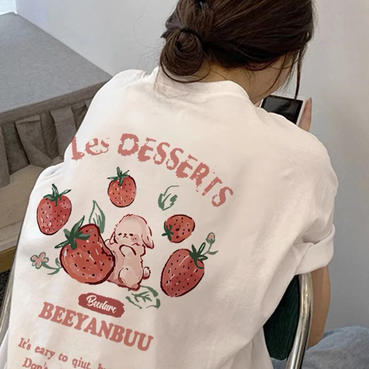UNUF纯棉前后草莓兔纯棉印花T恤男女同款夏季半袖情侣装出游短袖