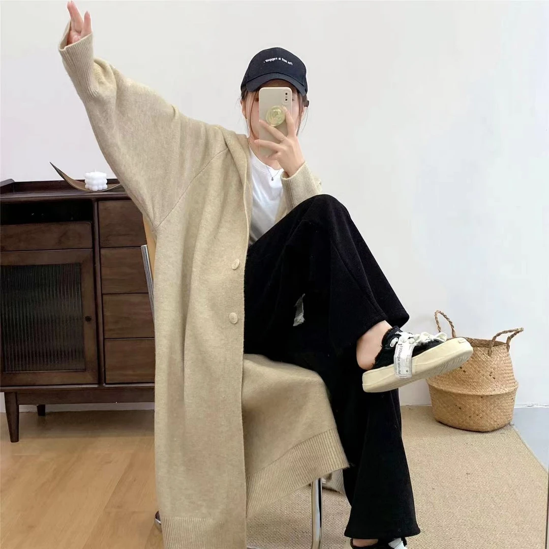 慵懒风高级感中长款过膝针织开衫女春秋韩版加厚宽松连帽毛衣外套