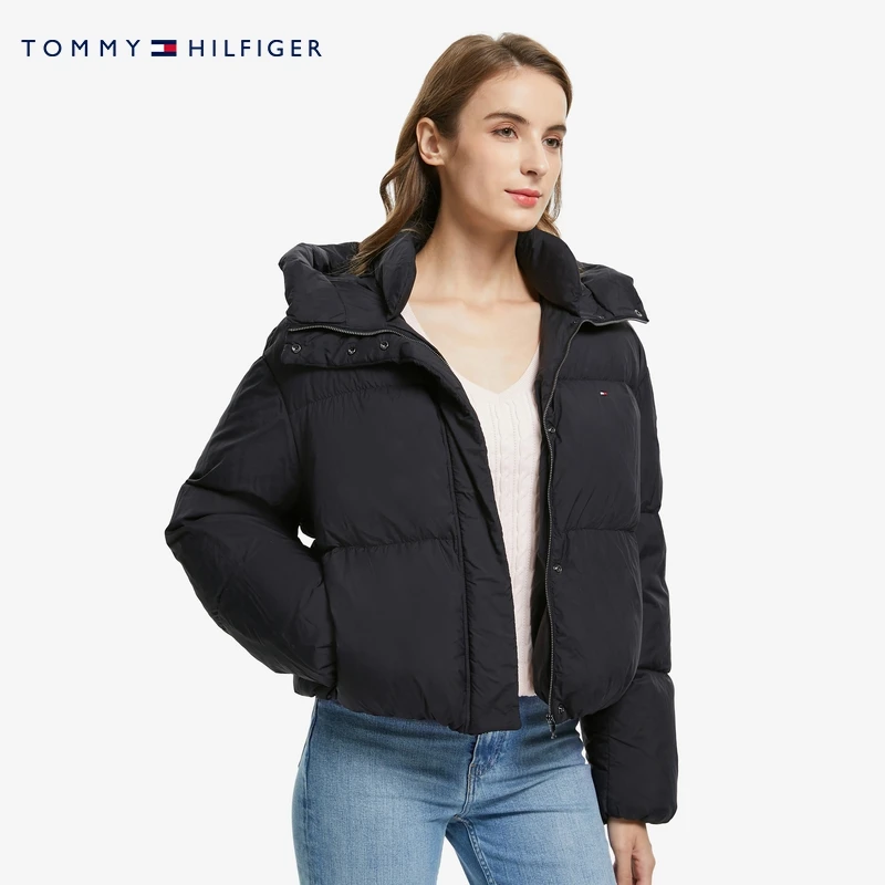 Tommy 女士简约灰鸭绒小绣标连帽宽松短款保暖羽绒服WW0WW29933