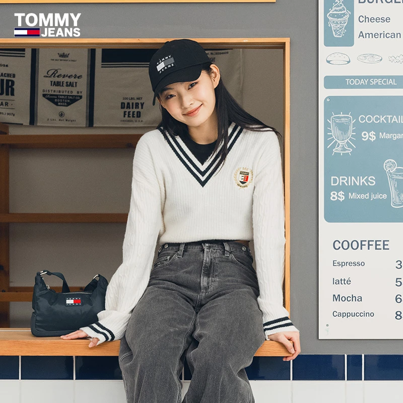 【撞色V领】Tommy秋冬女装美式学院风刺绣肌理感内搭针织衫19685