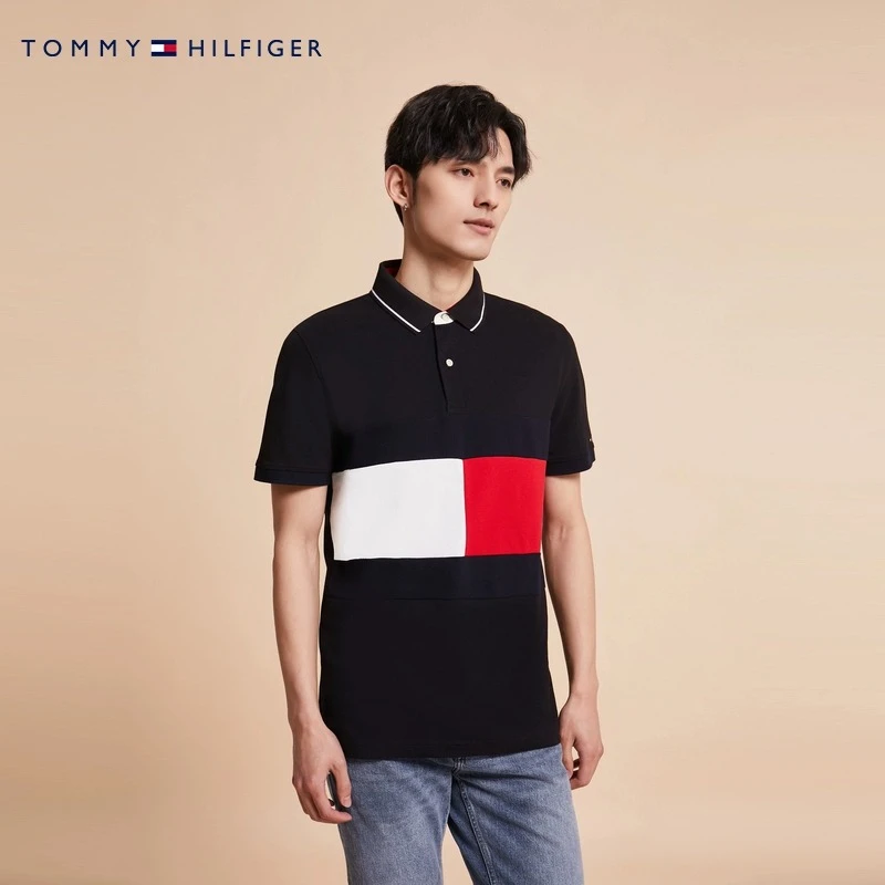 Tommy 夏季男装珠地网眼拼接色块撞色镶边合身短袖POLO衫78J5923