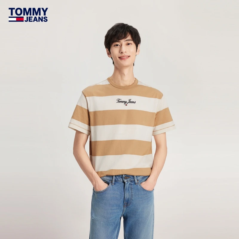 【撞色条纹】Tommy夏季男纯棉平纹针织休闲拼色刺绣短袖T恤18655