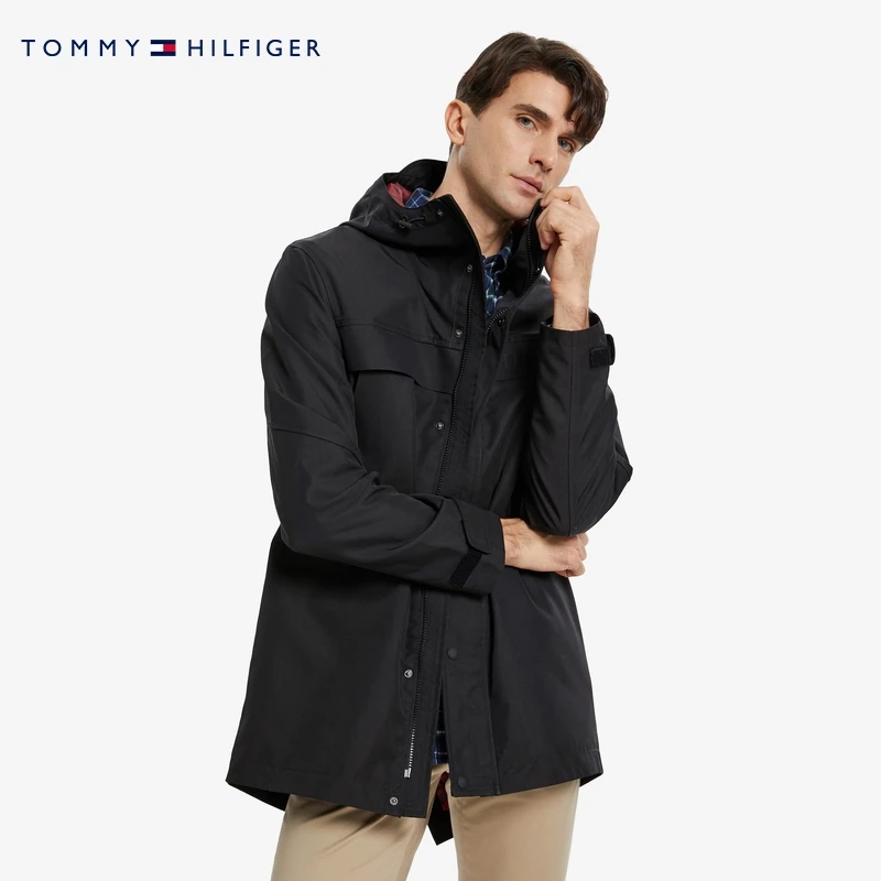 Tommy   男装经典休闲中长款虎纹旗标刺绣连帽风衣外套MW0MW22242