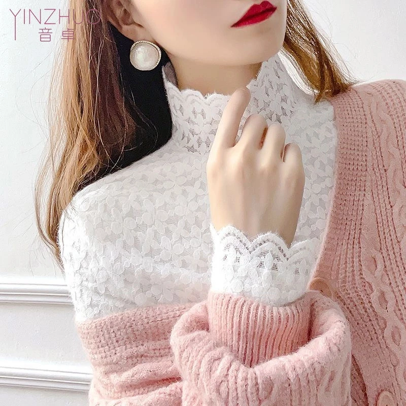 加绒加厚秋冬新款蕾丝打底衫女高领内搭修身磨毛小衫保暖百搭上衣