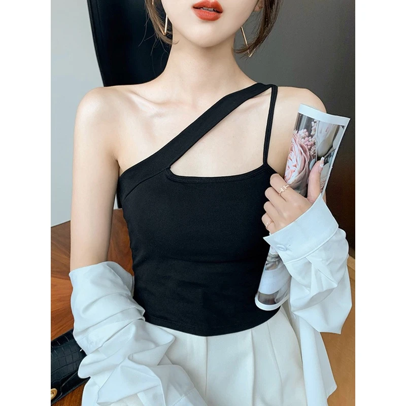 不规则斜肩吊带背心女带胸垫夏季设计感外穿短款内搭打底挂脖内衣