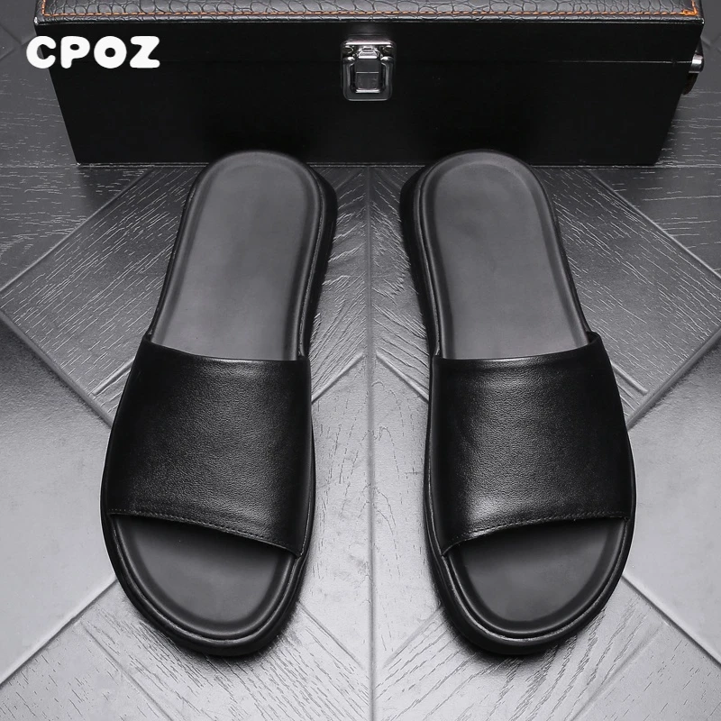 CPOZ牛皮拖鞋男黑色百搭真皮一字拖夏天沙滩鞋男软底皮凉拖潮