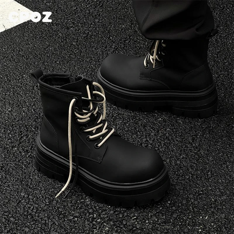 7cm厚底增高马丁靴黑色男女情侣款潮拼色鞋带真皮大头拉链机车靴