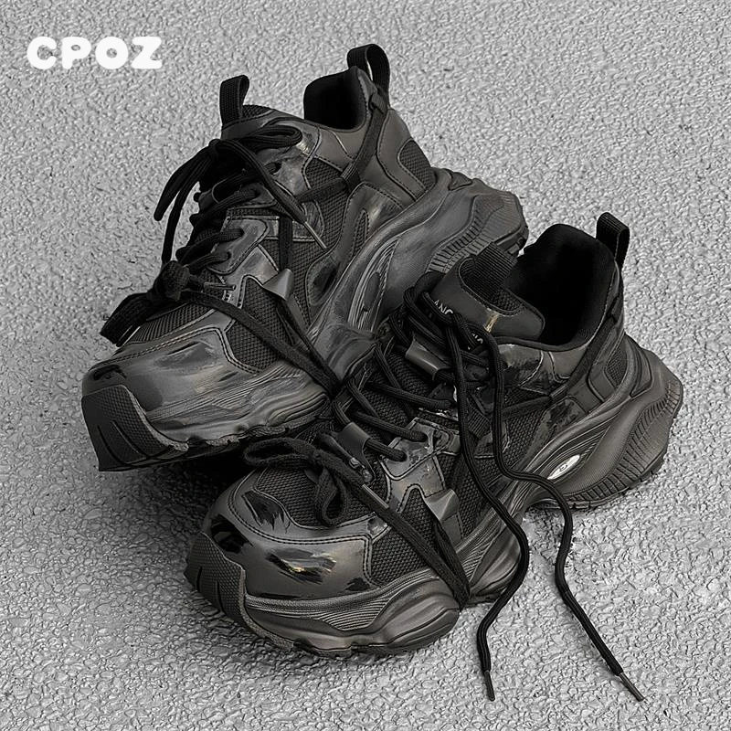 2025新款秋季黑色老爹鞋男潮牌时尚休闲鞋增高百搭透气网面运动鞋