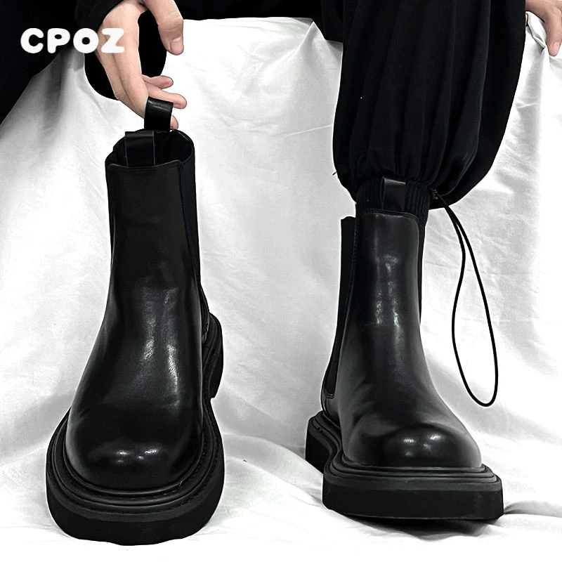 英伦风切尔西百搭马丁靴男厚底黑色增高工装靴机车靴高级感烟筒靴