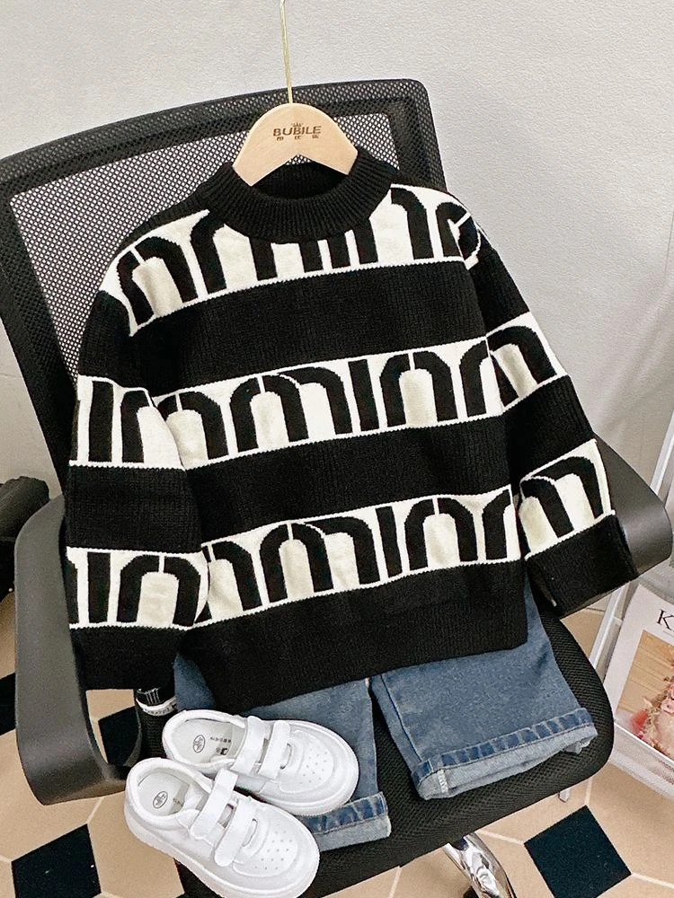 08儿童毛衣秋冬加厚套头针织衫男女宝大童毛衣圆领条纹洋气打底衫