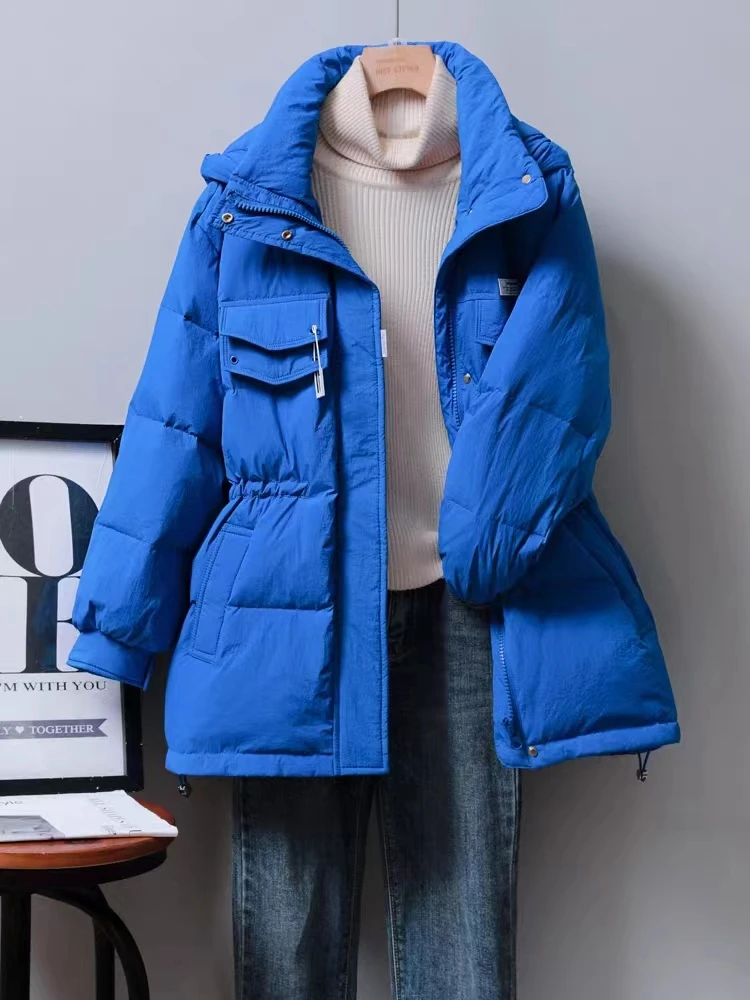 9536羽绒服女中长款2023年新款冬装韩版连帽收腰显瘦糖果色外套