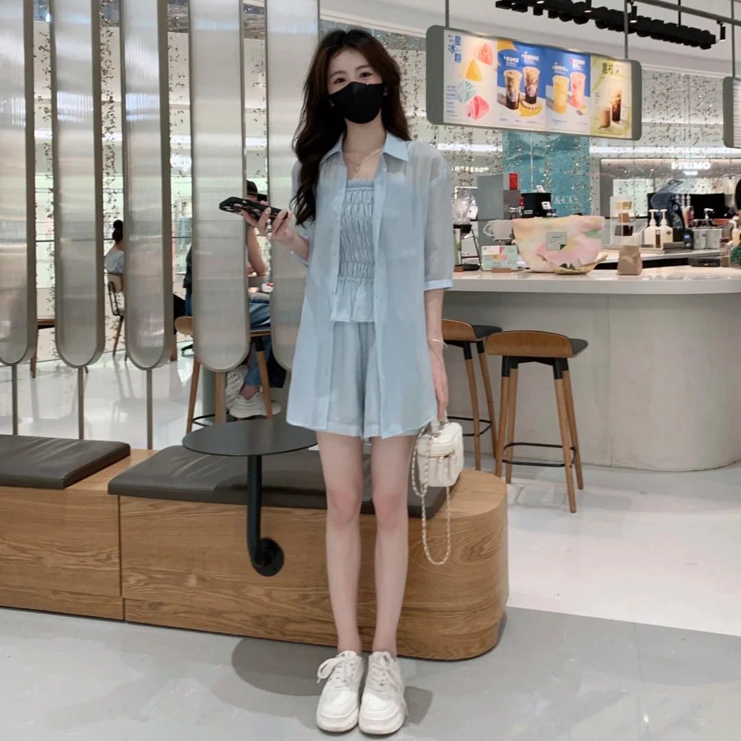 2024夏装搭配一整套女防晒衬衫吊带短裤三件套小个子时尚休闲套装