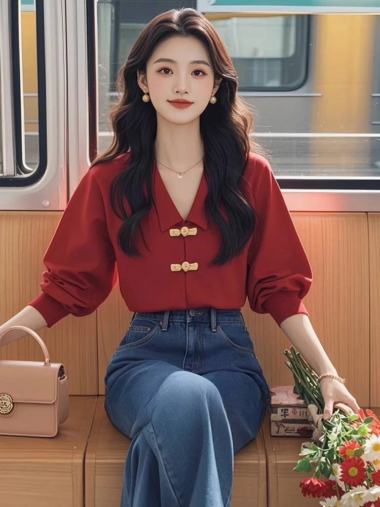 新中式国风红色长袖衬衫上衣御姐炸街显瘦小众不撞款漂亮独特小衫