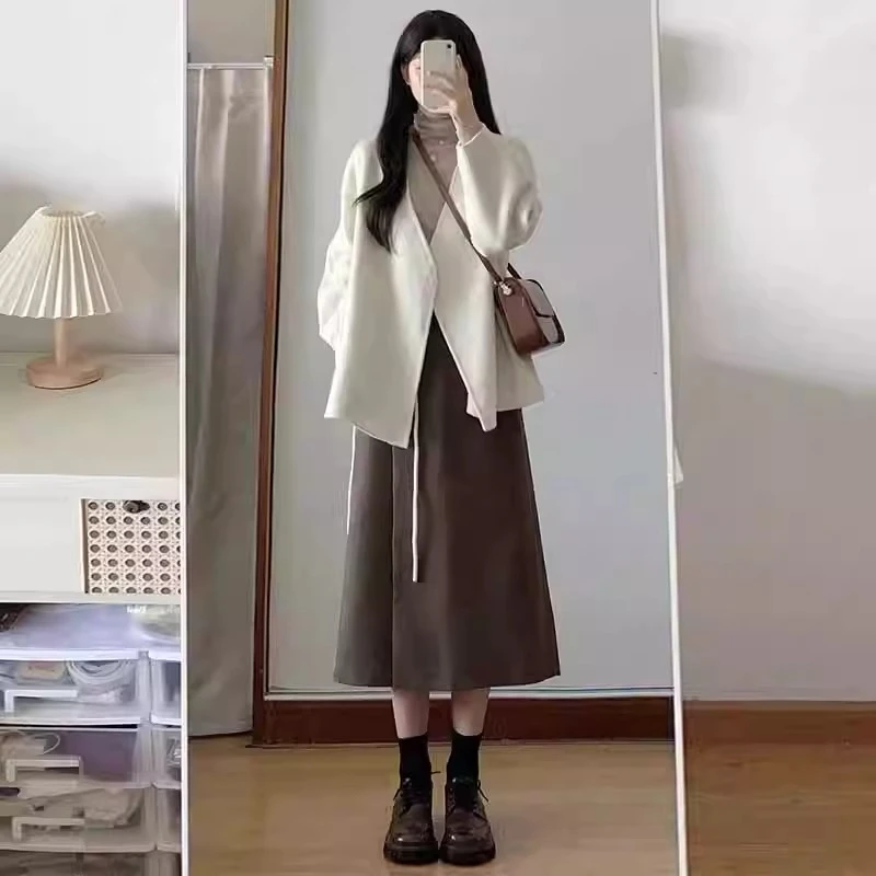 深冬装搭配一整套高级感法式毛呢外套半身裙子独特上衣