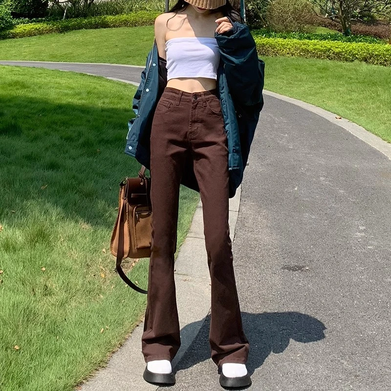 高腰牛仔裤女秋冬显瘦咖色微喇叭裤设计感新款百搭复古春季裤子潮