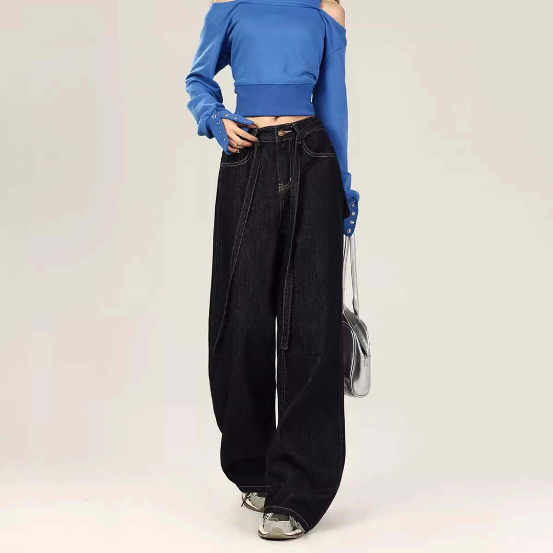 丹宁蓝高腰阔腿牛仔裤女秋冬2024新款梨形身材显瘦宽松拖地直筒裤