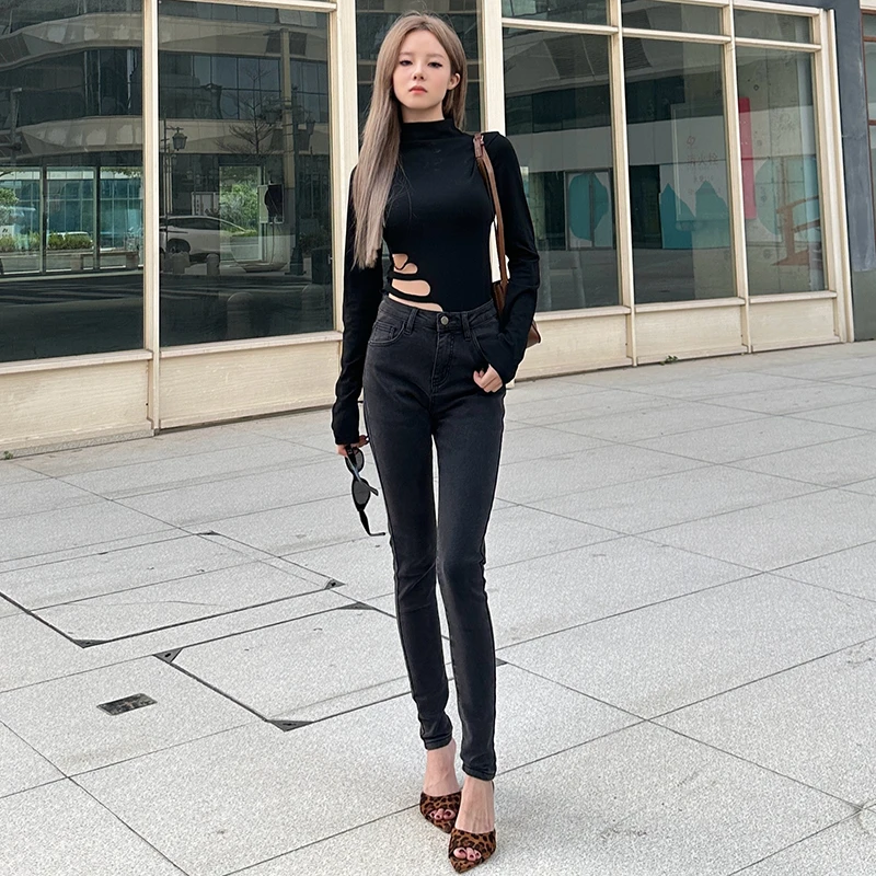 加绒牛仔裤女灰黑色小脚2025秋冬新款高腰修身显瘦紧身小个子靴裤