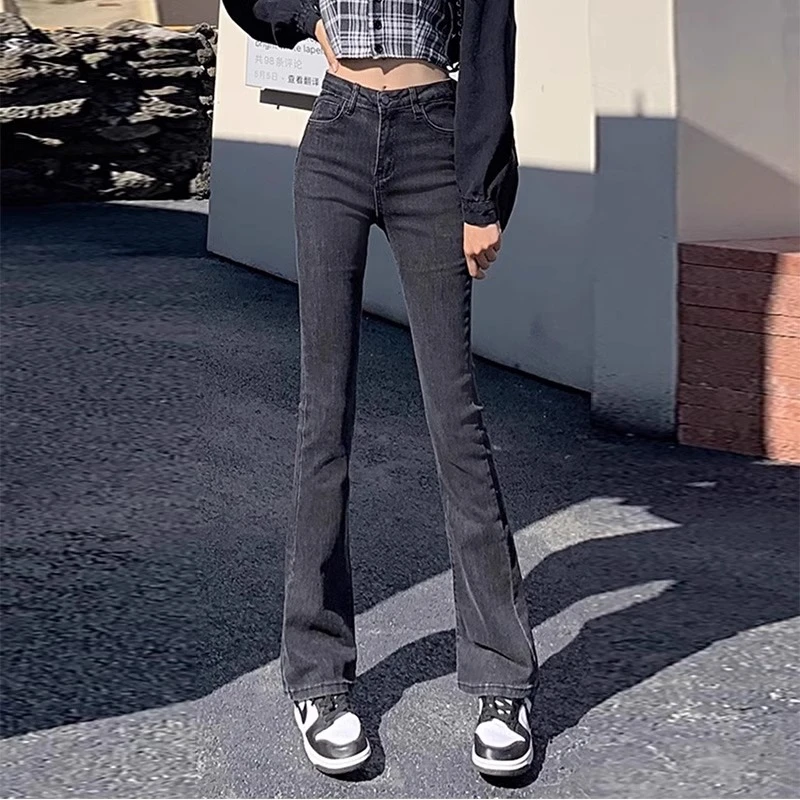 黑灰微喇牛仔裤女2025年秋季时尚修身高腰显瘦喇叭裤小个子马蹄裤