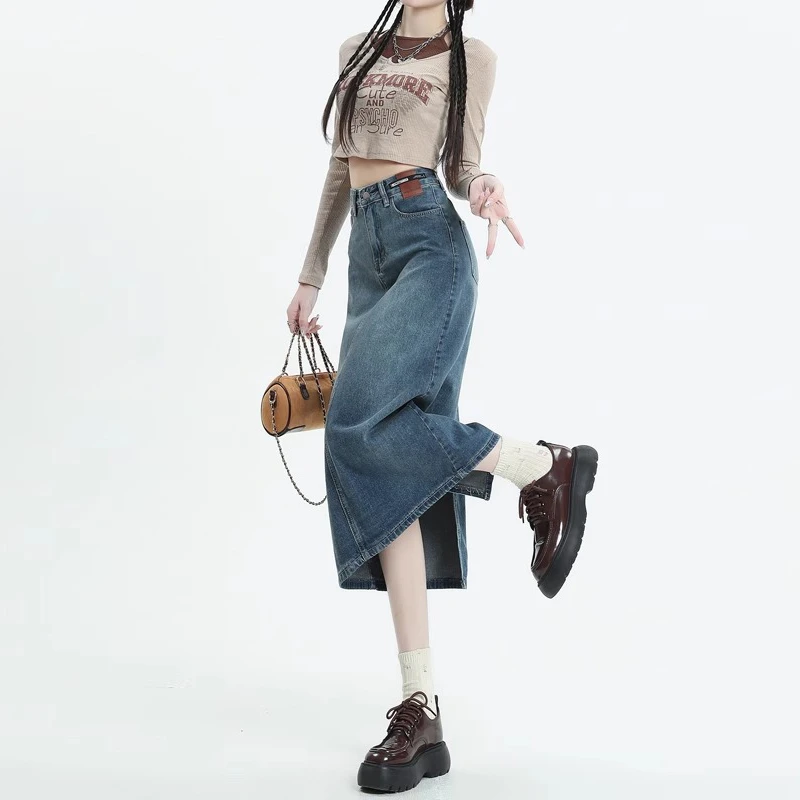 复古牛仔半身裙女夏季2024年新款春秋中长款遮跨a字开叉包臀裙子