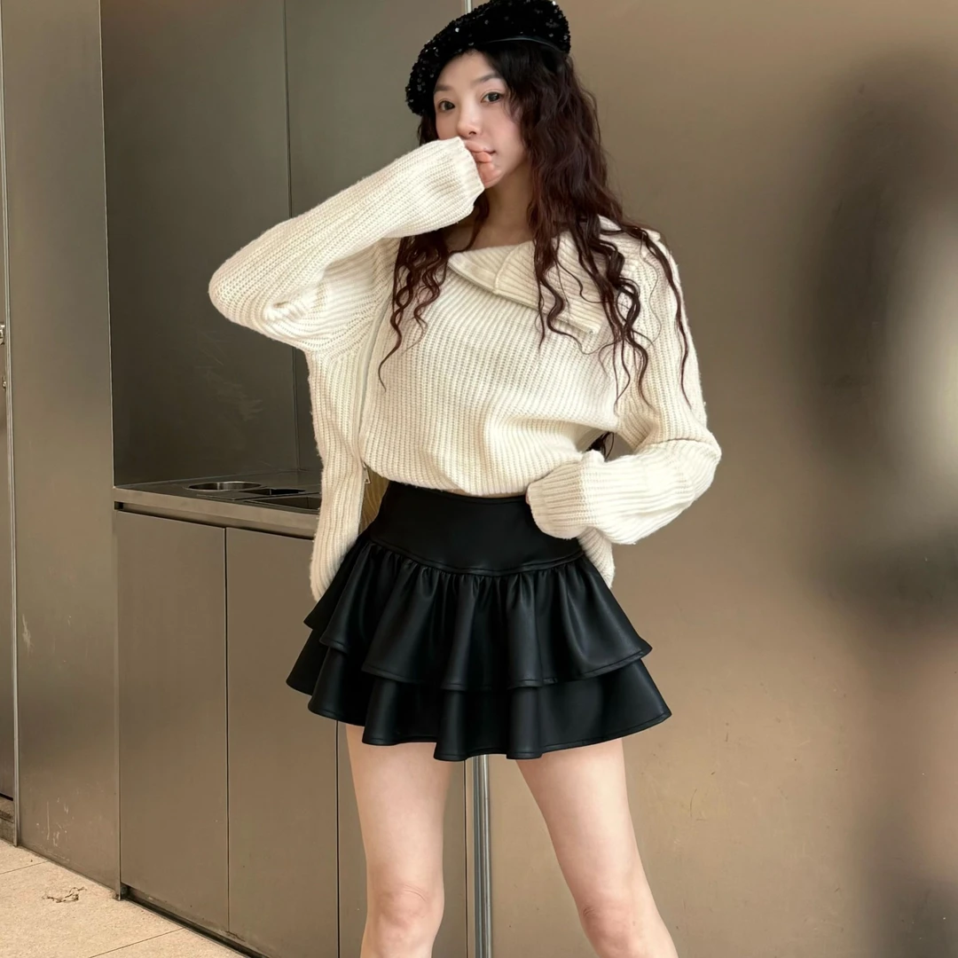 双层荷叶边拼接高腰皮短裙库新显高显瘦洋气半身黑色pu皮半身裙