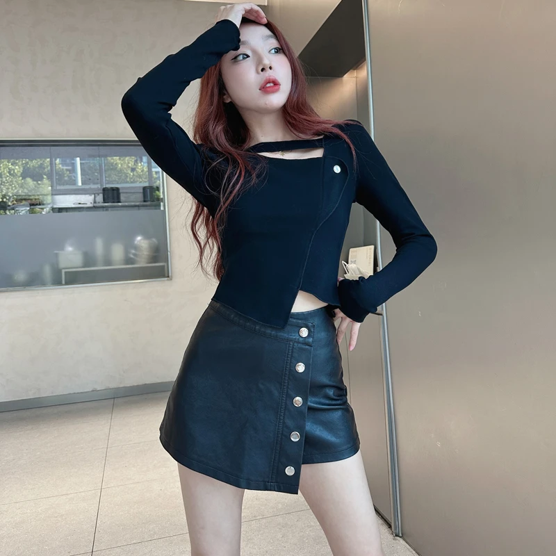 纽扣皮裤裙秋冬韩国高腰a字裙显瘦半身裙韩版PU皮短裙