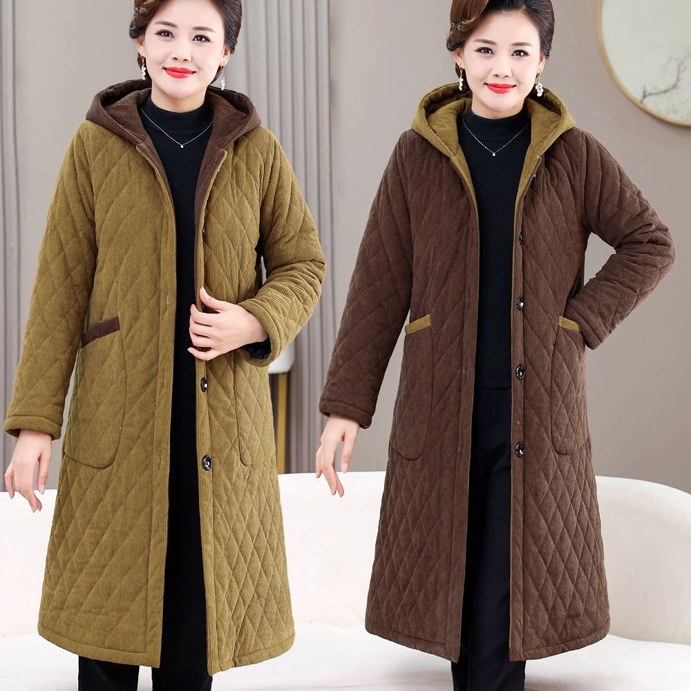 50岁时尚中年妈妈装冬装加绒加厚保暖棉衣中老年女中长款连帽棉服