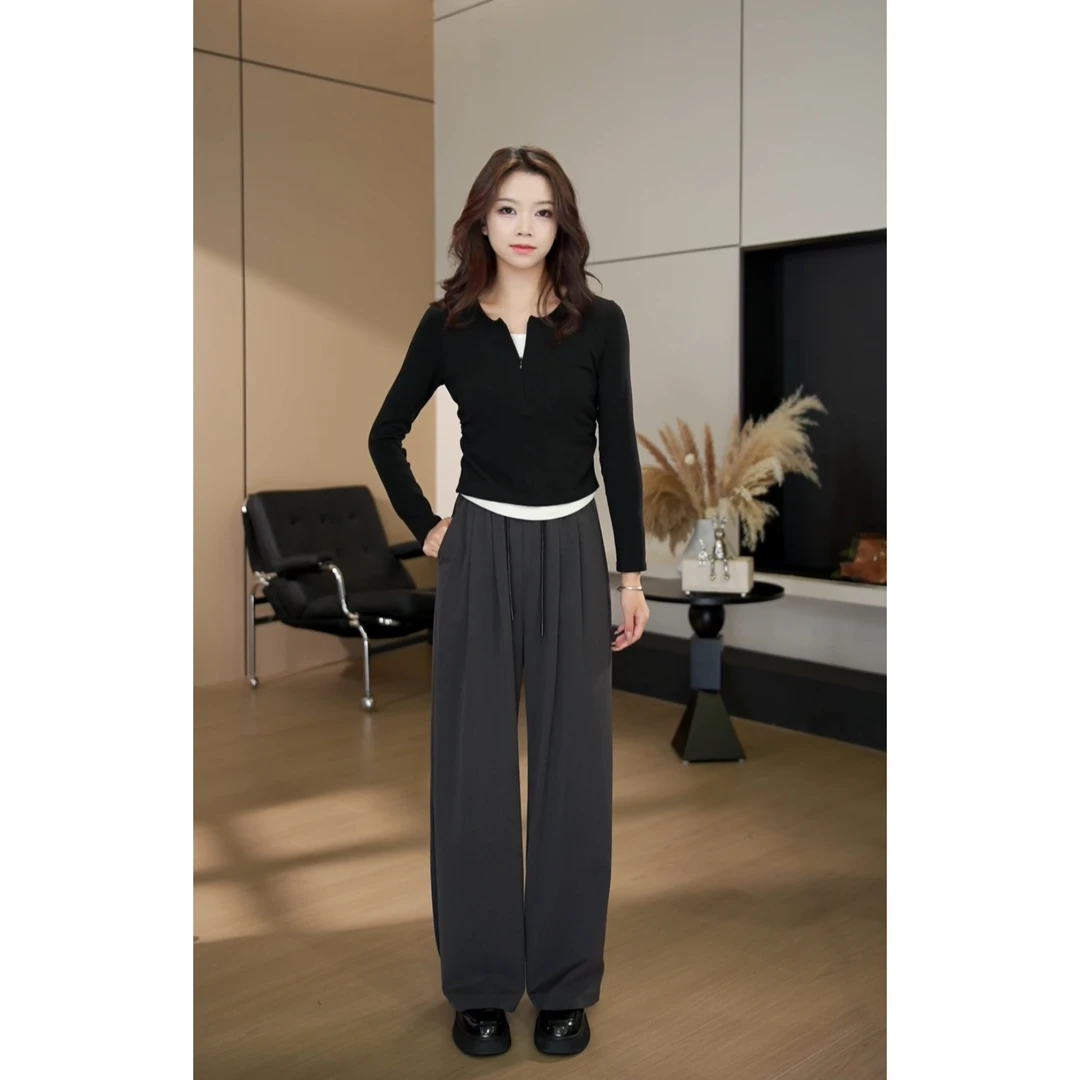 【小爽小个子】秋季高腰直筒时尚休闲显瘦垂感拖地休闲裤-YJ6671