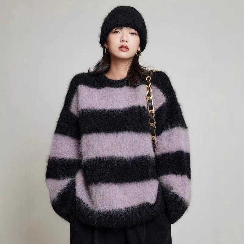 羊驼拉绒毛衣条纹长毛慵懒风长袖打底衫冬装加厚韩版潮流宽松