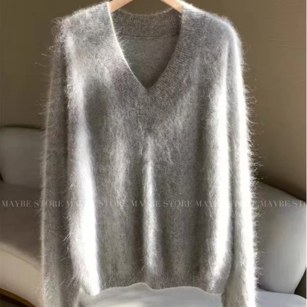 V领拉绒毛衣女慵懒套头羊绒羊毛纯色打底衫冬装百搭宽松上衣长袖