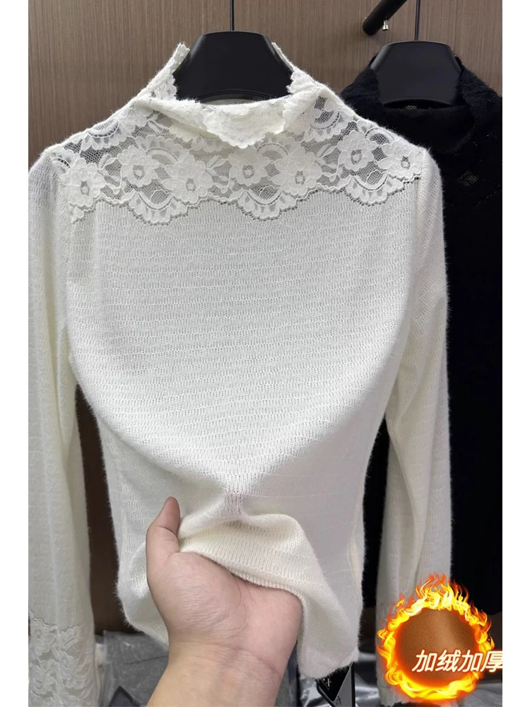 小莉推荐法式半高领蕾丝加绒加厚钩花拼接针织打底衫女
