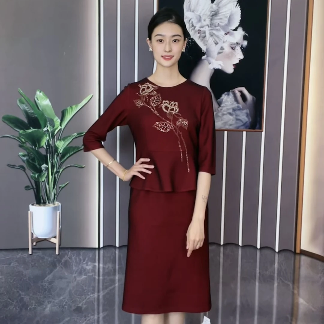 87323进口网格纱婚宴喜妈妈高端礼服裙显瘦时尚气质