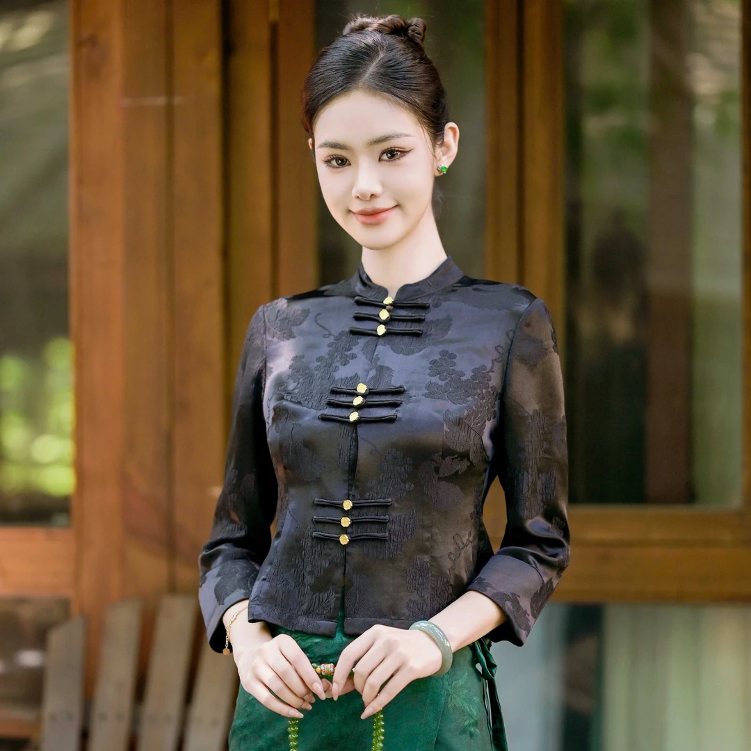 玉家人【景迈】黑色桑蚕丝九颗盘扣国风民族风傣装