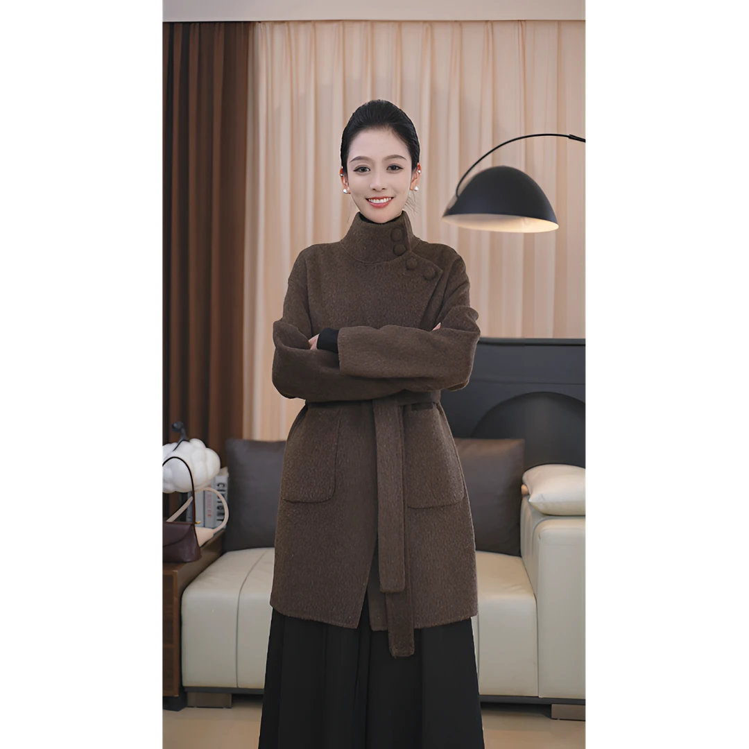 24年秋冬新款双面羊毛中长款女士时尚百搭复古高领双面羊毛大衣