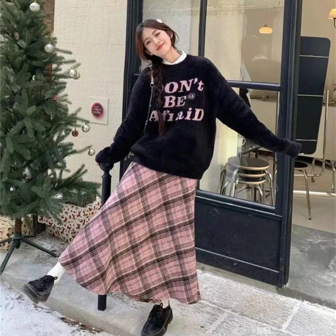 新款韩版卫衣套装裙显瘦时尚百搭减龄宽松上衣+格子裙-9619