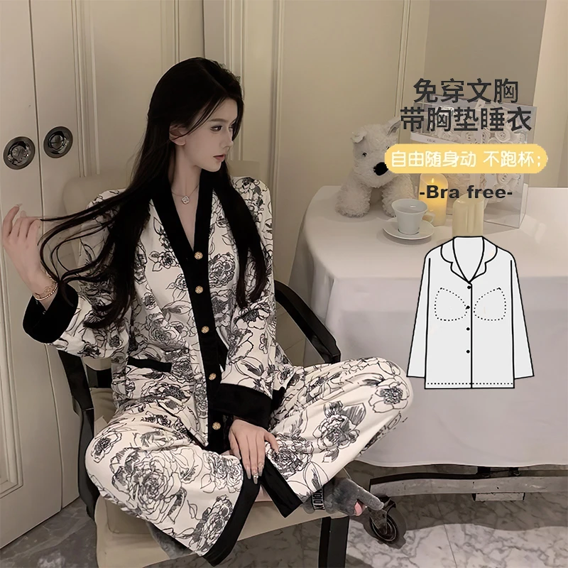 【带胸垫】月子服夏季薄款长袖孕妇睡衣喂奶透气产妇哺乳产后家居服