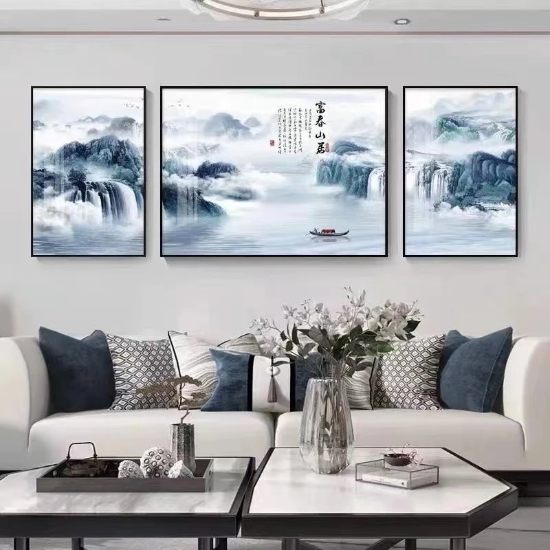 新中式山水高端大气沙发三联客厅壁画晶瓷晶钻防水装饰挂画立体感