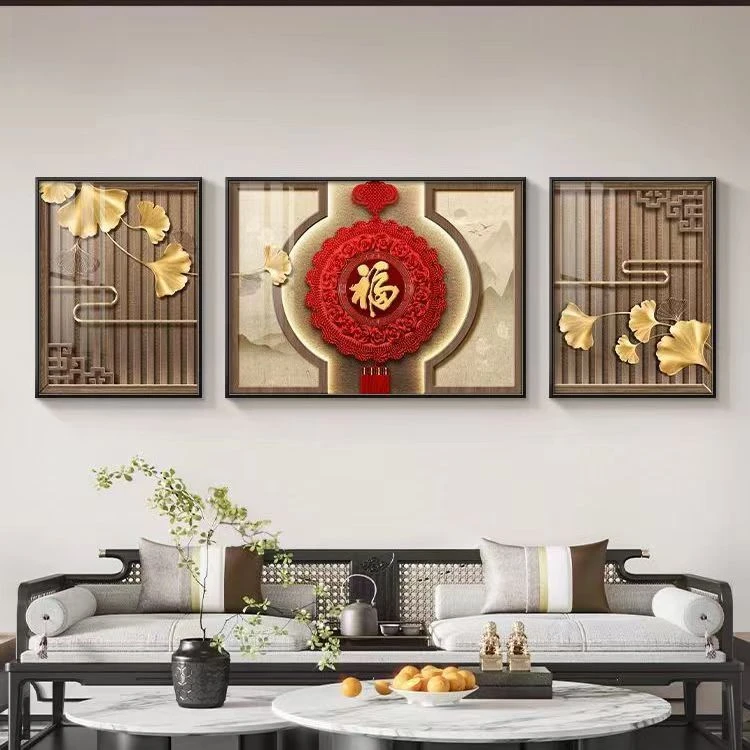 高档客厅沙发装饰画现代轻奢立体晶瓷镶钻工艺沙发三联画背景挂画