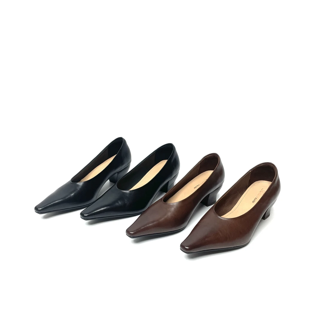 2024新款尖头水洗马皮浅口高跟女巫鞋气质时尚女士单鞋2461-1