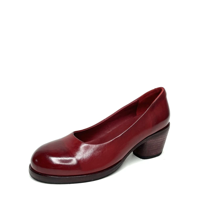 2025新款马皮舒适浅口粗跟职业通勤正装圆头黑色高跟皮鞋女2311-1