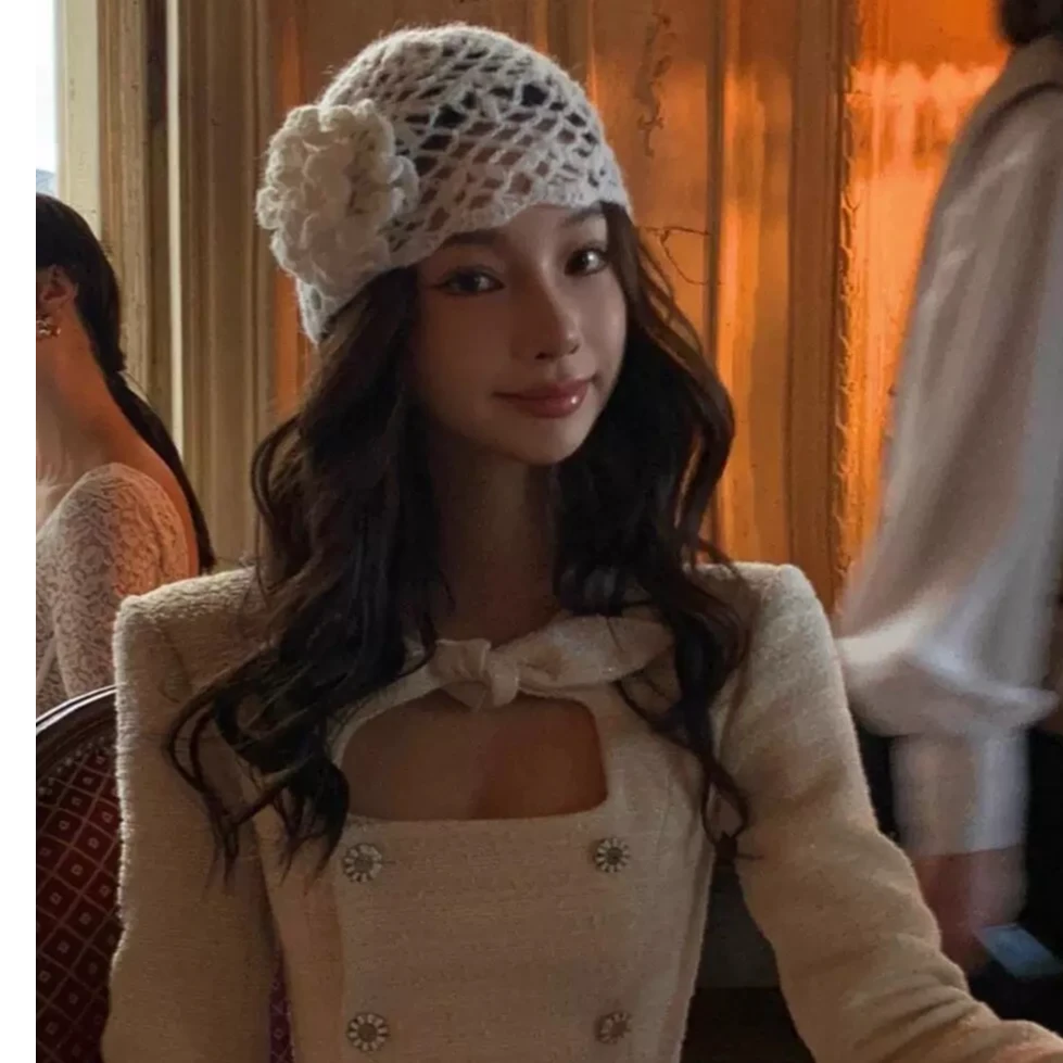 女束攵Vintage日系钩针立体化氛围感帽子