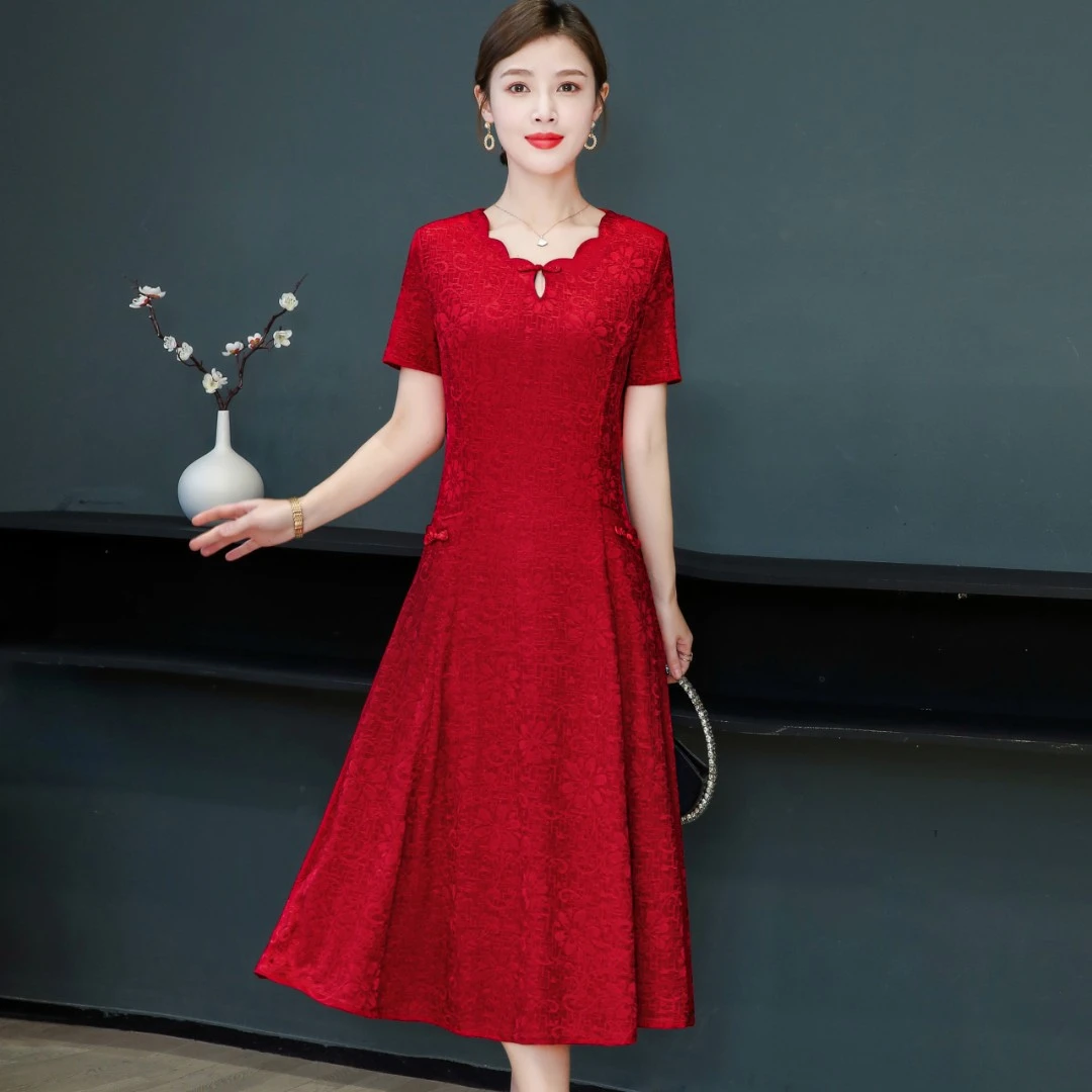 高端气质妈妈夏装连衣裙过膝短袖洋气女装中长款婚宴裙子夏季高贵