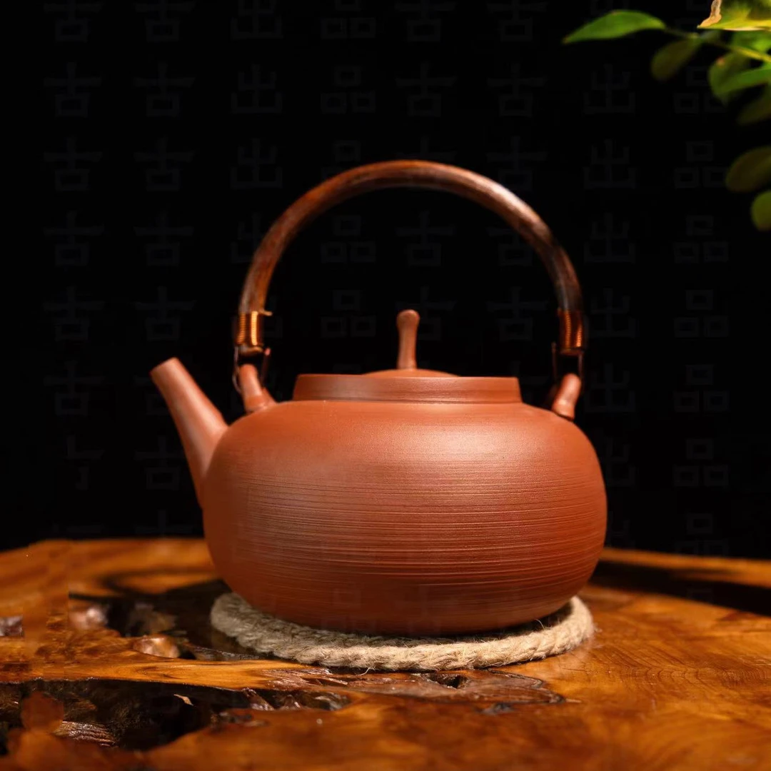 潮汕提梁宫灯复古煮水锤纹粗陶陶瓷梨型砂铫壶功夫茶户外煮茶