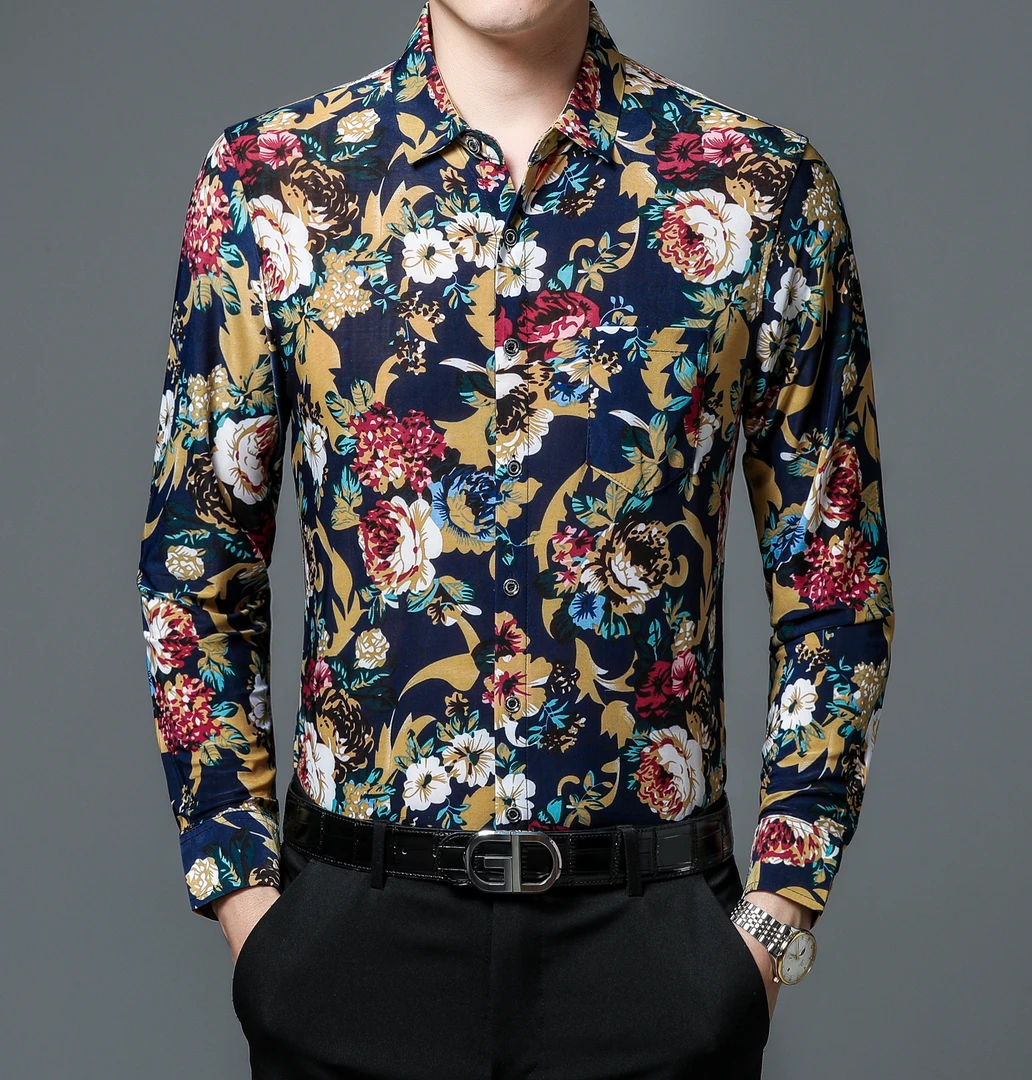 春秋长袖花衬衫男中年碎花爸爸装宽松休闲衬衣冰丝薄款免烫有口袋