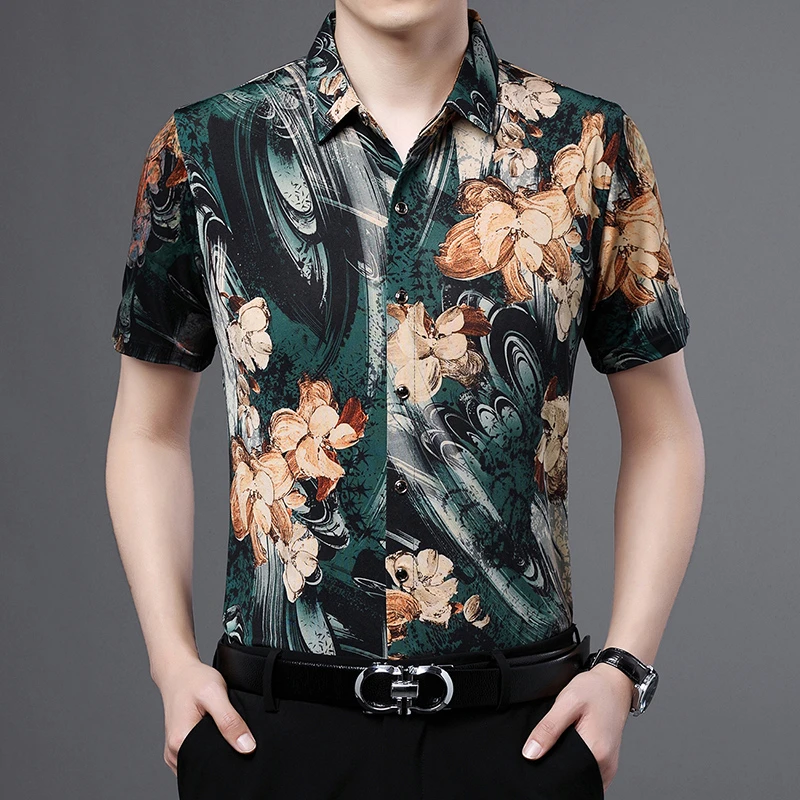 夏季新款中年男士短袖花衬衫冰丝休闲透气爸爸装印花半袖衬衣碎花
