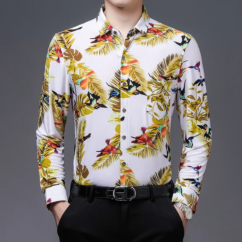 春秋长袖花衬衫男中年碎花爸爸装宽松休闲衬衣冰丝薄款免烫有口袋