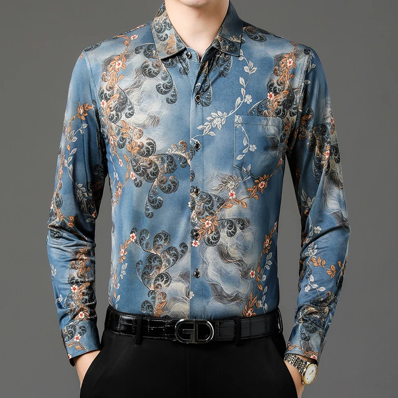 春秋长袖花衬衫男中年碎花爸爸装宽松休闲衬衣冰丝薄款抗皱免烫