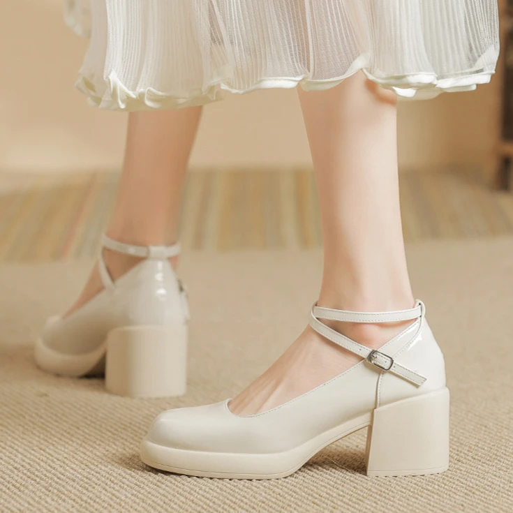 法式高跟玛丽珍软皮小皮鞋2023新款厚底增高粗跟气质小香风单鞋女