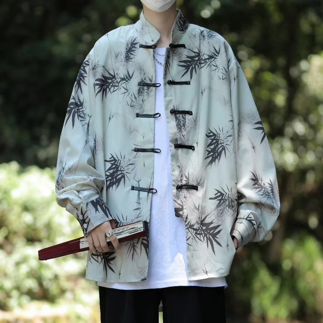 新中式水墨竹叶盘扣立领衬衫宽松外套男长袖夏季薄款中国风高级感
