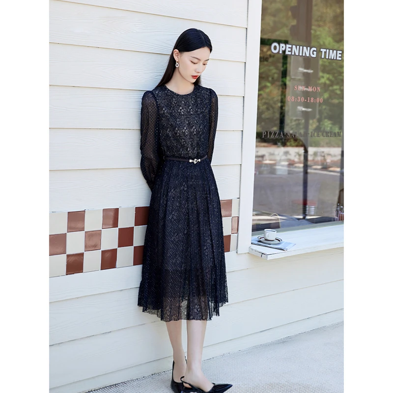 敦奴dunnu气质高贵黑色轻奢蕾丝小黑裙打底小个子连衣裙DS150105