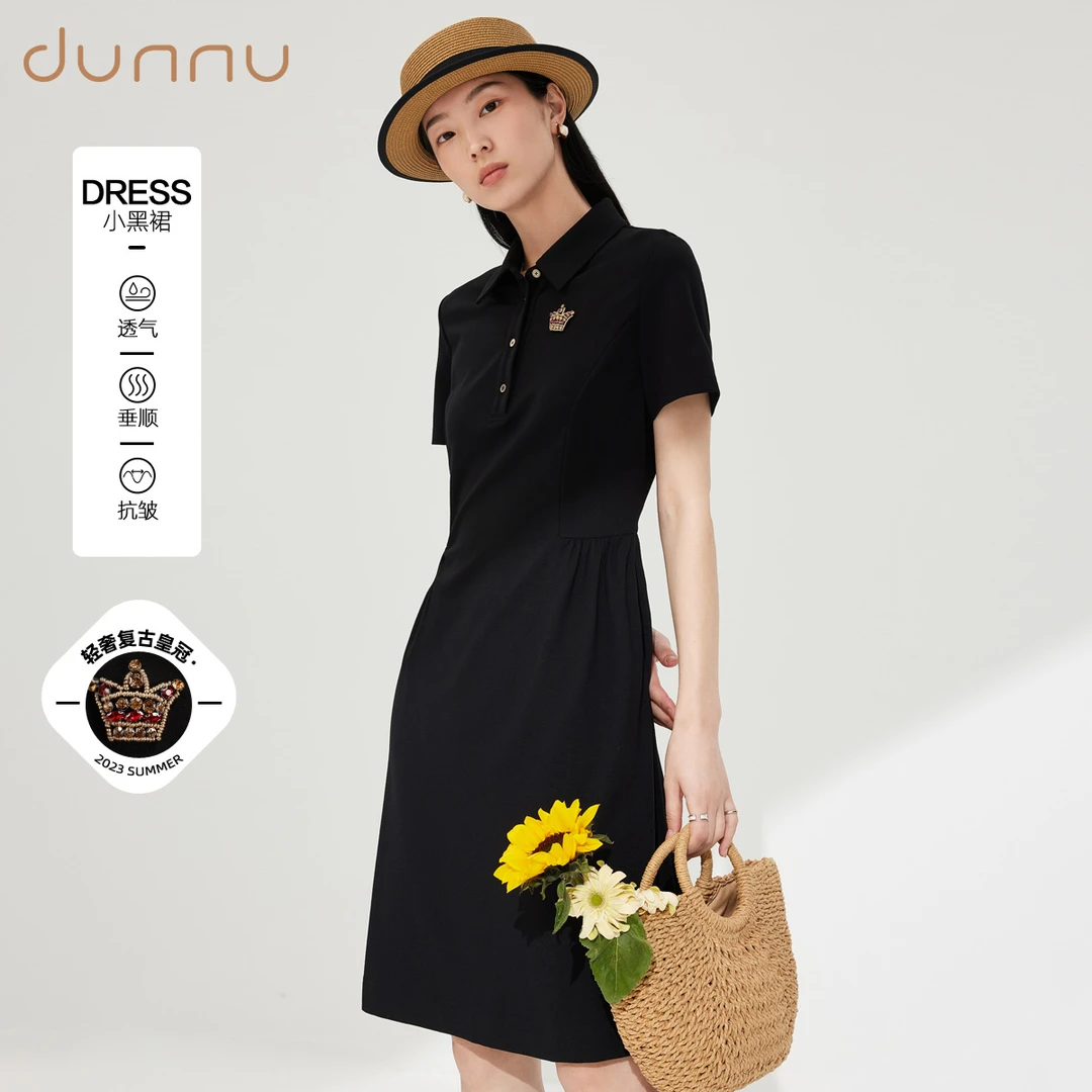DUNNU/敦奴dunnu夏季收腰短袖中长款连衣裙运动风黑色8S250905